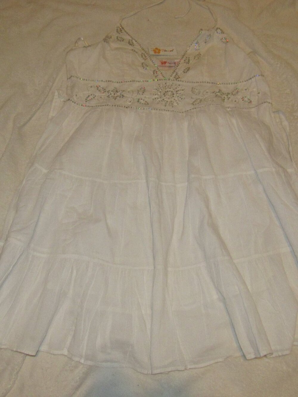 Flower White/Sequins Halter neck tiered Mini Dress Boho Detailing Size XL NWT